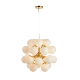 Loops Ceiling Pendant Light Satin Brass Plate & Gloss White Glass 28 x 18W G9