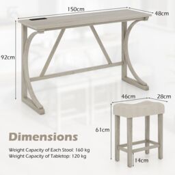Costway 4-Piece Bar Table Set Counter Height Bistro Table w/ Power Outlet in Grey - thumbnail 2