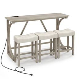Costway 4-Piece Bar Table Set Counter Height Bistro Table w/ Power Outlet in Grey