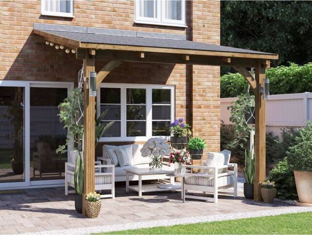 Dunster House Lean To Wooden Gazebo Canopy with Shingles 3m x 3m - Leviathan in Brown - image 1