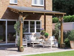 Dunster House Lean To Wooden Gazebo Canopy with Shingles 3m x 3m - Leviathan in Brown - thumbnail 1