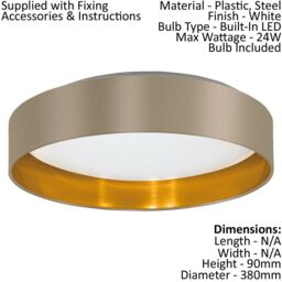 Loops Flush Ceiling Light Colour White Shade Taupe Gold Fabric Bulb LED 24W Included - thumbnail 2