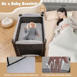 Costway 5 in 1 Portable Nursery Center Foldable Baby Playard w/ Bassinet in Black - thumbnail 9