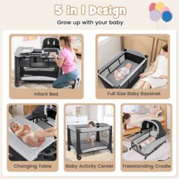 Costway 5 in 1 Portable Nursery Center Foldable Baby Playard w/ Bassinet in Black - thumbnail 3