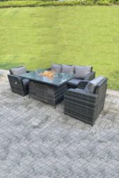 Fimous Rattan Outdoor Gas Fire Pit Table Gas Heater Sets Lounge Sofa Reclining Chairs in Dark Grey - thumbnail 4