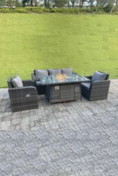 Fimous Rattan Outdoor Gas Fire Pit Table Gas Heater Sets Lounge Sofa Reclining Chairs in Dark Grey - thumbnail 1