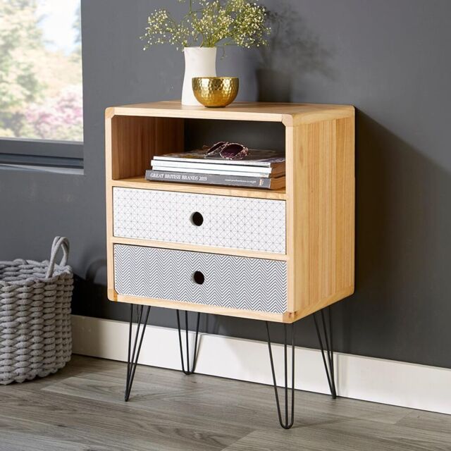 Home Source Retro Wooden Side Table or Bedside Cabinet 2 Drawer Metal Legs in Natural - image 1