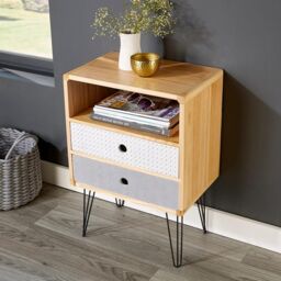 Home Source Retro Wooden Side Table or Bedside Cabinet 2 Drawer Metal Legs in Natural - thumbnail 3