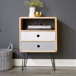 Home Source Retro Wooden Side Table or Bedside Cabinet 2 Drawer Metal Legs in Natural - thumbnail 2
