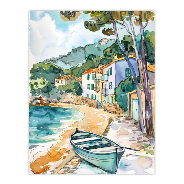 "Artery8 Costa Brava Seaside Shore Boat Spain Watercolour Wall Art Print in Green - Size: W12"" x H16""" - image 1