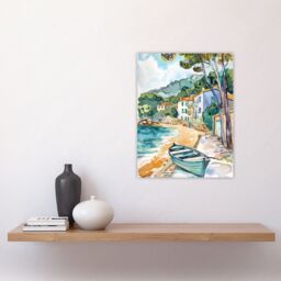 "Artery8 Costa Brava Seaside Shore Boat Spain Watercolour Wall Art Print in Green - Size: W12"" x H16""" - thumbnail 4