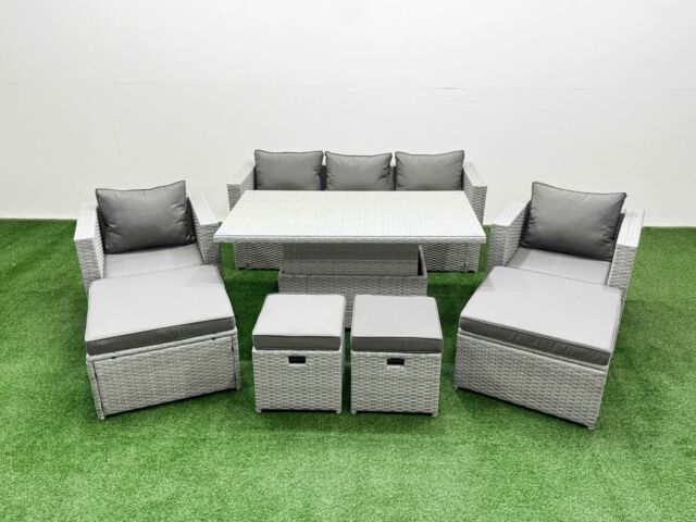Fimous 8 PCs Rising Dining Table Set Rattan Furniture Set with 3 Seater Sofa in Light Grey - image 1