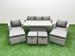 Fimous 8 PCs Rising Dining Table Set Rattan Furniture Set with 3 Seater Sofa in Light Grey - thumbnail 1