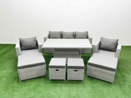 Fimous 8 PCs Rising Dining Table Set Rattan Furniture Set with 3 Seater Sofa in Light Grey - thumbnail 2