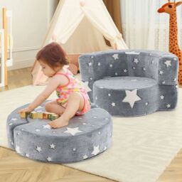 Costway Kids Plush Couch Toddlers 2 in 1 Glow in the Dark Sofa Play Mat in Grey - thumbnail 9