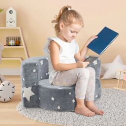 Costway Kids Plush Couch Toddlers 2 in 1 Glow in the Dark Sofa Play Mat in Grey - thumbnail 8