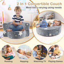 Costway Kids Plush Couch Toddlers 2 in 1 Glow in the Dark Sofa Play Mat in Grey - thumbnail 7
