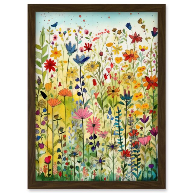 Artery8 Mixed Wildflower Bloom In Meadow Folk Art Artwork Framed Wall Art Print A4 in Brown - image 1