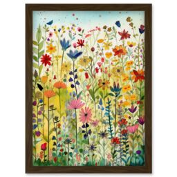 Artery8 Mixed Wildflower Bloom In Meadow Folk Art Artwork Framed Wall Art Print A4 in Brown - thumbnail 1
