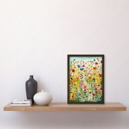 Artery8 Mixed Wildflower Bloom In Meadow Folk Art Artwork Framed Wall Art Print A4 in Brown - thumbnail 2