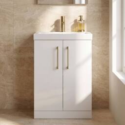 Balterley Bathroom Vanity Basin Unit, Brushed Brass Handles, 600mm, Gloss White - thumbnail 4