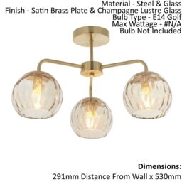 Loops Semi Flush Ceiling Light - Satin Brass & Champagne Lustre Glass - 3 x 25W E14 in Clear - thumbnail 2