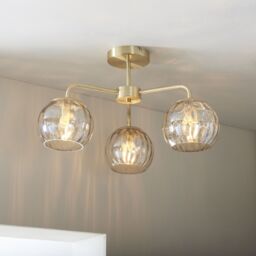 Loops Semi Flush Ceiling Light - Satin Brass & Champagne Lustre Glass - 3 x 25W E14 in Clear - thumbnail 3