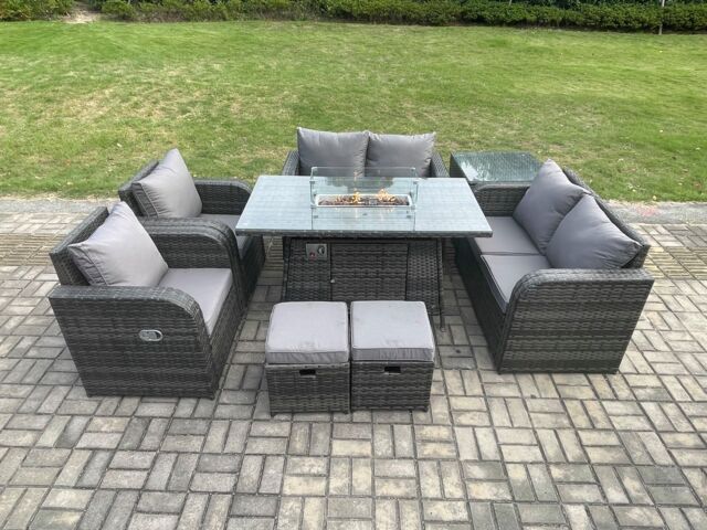Fimous 8 Seater Rattan Garden Furniture Set Propane Gas Fire Pit Table & Sofa Chair set with Side Tables 2 Small Footstools in Dark Grey - image 1