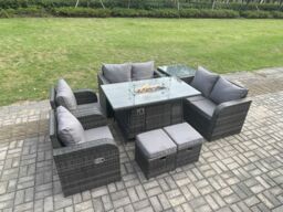 Fimous 8 Seater Rattan Garden Furniture Set Propane Gas Fire Pit Table & Sofa Chair set with Side Tables 2 Small Footstools in Dark Grey - thumbnail 3