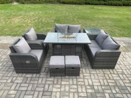 Fimous 8 Seater Rattan Garden Furniture Set Propane Gas Fire Pit Table & Sofa Chair set with Side Tables 2 Small Footstools in Dark Grey - thumbnail 1