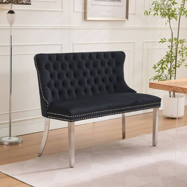 HomeTouch Home Touch Velvet Double Dining Bench Loveseat with Chrome Steel Legs in Black - Size: 1 Pack - image 1