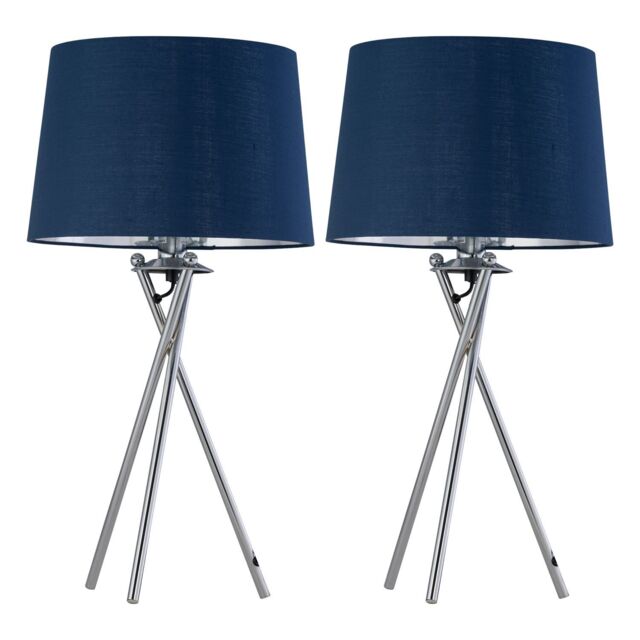 First Choice Lighting Set of 2 Tripod - Chrome Lamps with Navy Blue & Silver Fabric Shade - image 1