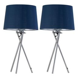 First Choice Lighting Set of 2 Tripod - Chrome Lamps with Navy Blue & Silver Fabric Shade