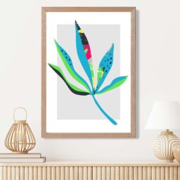 ARTZE Palm Leaf Blue & Green Abstract Minimalist Framed Print SIZE: A2 with Oak Frame in Mid Blue - Size: A4 - thumbnail 2