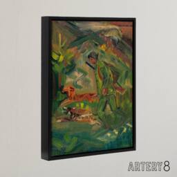 "Artery8 Walking Hunter Huntsman With Dogs Kubincan Black Framed Canvas Art in Green - Size: W18"" x H24""" - thumbnail 2