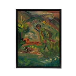 "Artery8 Walking Hunter Huntsman With Dogs Kubincan Black Framed Canvas Art in Green - Size: W18"" x H24""" - thumbnail 1