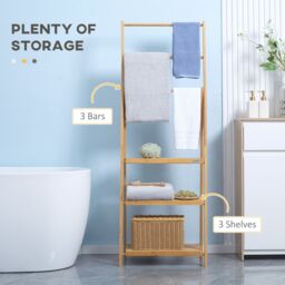 Kleankin Freestanding Foldable Towel Rack with 3 Bars & Shelves for Bathroom in Light Brown - thumbnail 4