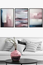 ARTZE Abstract Navy Blue Grey Blush Pink Oil Framed Wall Art - Medium in Black - Size: W45 cm x H62 cm x D20mm - thumbnail 1
