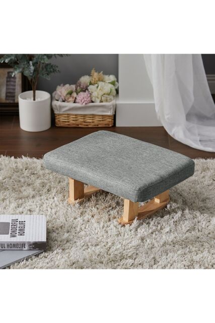 Living and Home Linen Upholstered Footstool with Wooden Legs in Grey