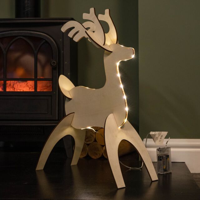 Samuel Alexander 50cm Battery Operated Light up 3D Wooden Christmas Reindeer with 31 Warm White LEDs in Brown - image 1
