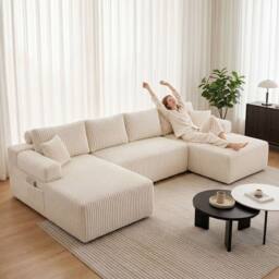 Levede Modular Sectional Sofa Bed 3 Seater U Shaped Convertible Soft Boneless in Beige - thumbnail 2
