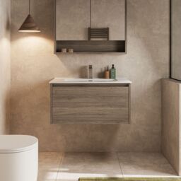 Banyetti Mino 800mm Wall Hung Vanity Unit with Athena Basin-Nebraska Oak in Brown - thumbnail 2