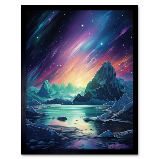 Artery8 Wall Art Print Purple Aurora Borealis Dawn in Antarctica Oil Painting Blue Green Enchanting Arctic Ice Fantasy Landscape Art Framed - image 1