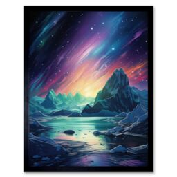 Artery8 Wall Art Print Purple Aurora Borealis Dawn in Antarctica Oil Painting Blue Green Enchanting Arctic Ice Fantasy Landscape Art Framed - thumbnail 1