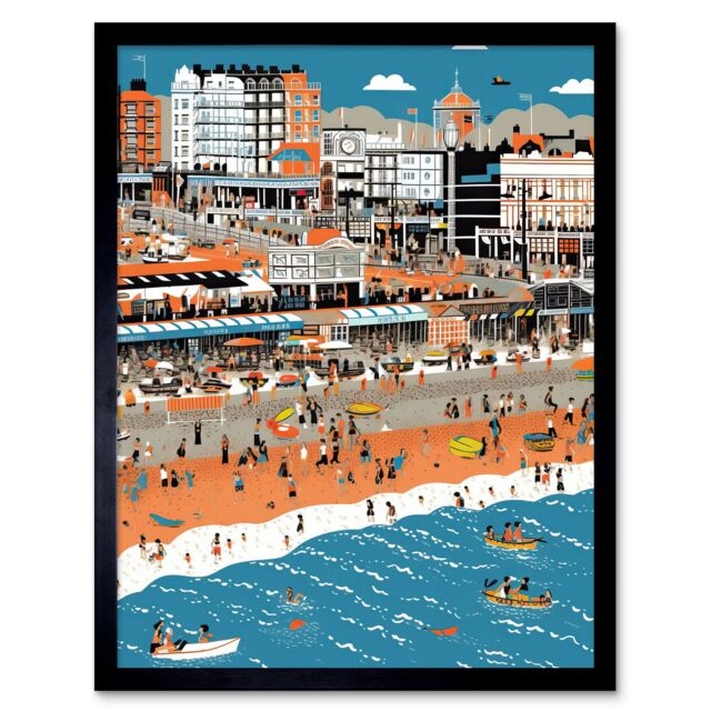 "Artery8 Wall Art Print Brighton Beach & Palace Pier Modern Abstract Art Framed in Black - Size: W12"" x H16""" - image 1