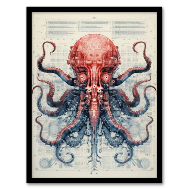 Artery8 Red Octopus Robot Hybrid Secret Military Schematic Blueprint Futuristic Complex Arcane Manuscript Gift For Him Man Cave Art Print Framed - image 1