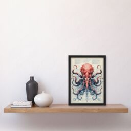 Artery8 Red Octopus Robot Hybrid Secret Military Schematic Blueprint Futuristic Complex Arcane Manuscript Gift For Him Man Cave Art Print Framed - thumbnail 4