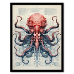 Artery8 Red Octopus Robot Hybrid Secret Military Schematic Blueprint Futuristic Complex Arcane Manuscript Gift For Him Man Cave Art Print Framed - thumbnail 1