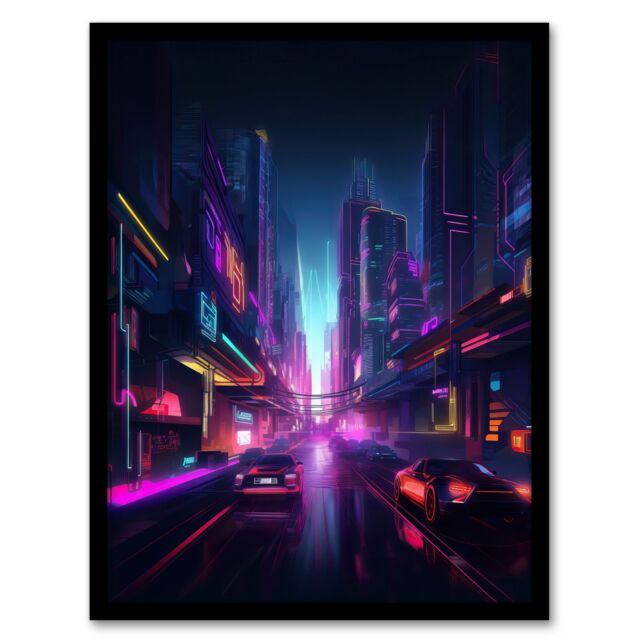Artery8 Neon Purple Cityscape Electronic Futuristic Skyscraper Boys Bedroom Artwork Framed Wall Art Print A4 in Black - image 1