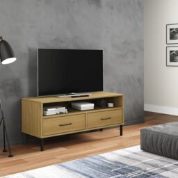Berkfield Home TV Cabinet with Metal Legs Brown Solid Wood Pine OSLO